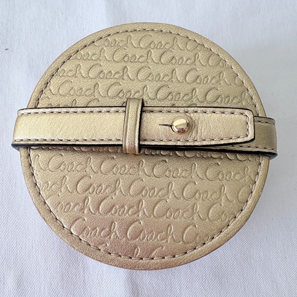 Rare Vintage Coach Leather Coaster Set of 8 Script Logo Embossed with Gold Strap